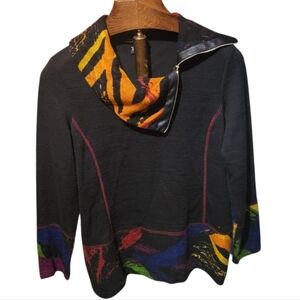 Michael Tyler Colorful Black Rainbow Cowl Neck Zip Detail Sweater Size Large